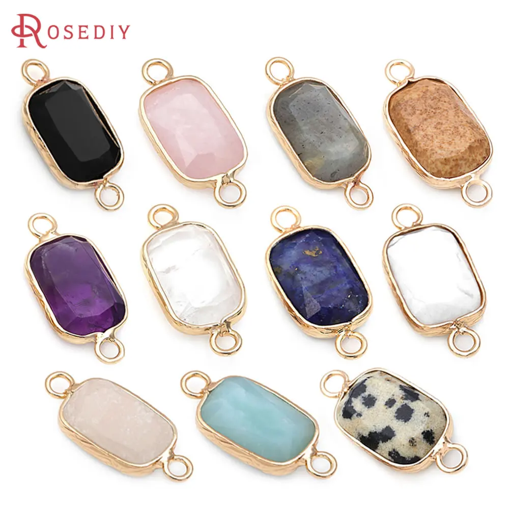 2PCS 18K Gold Color Natural Stone 2 Holes Rectangle Connect Charms Pendants High Quality Necklace Earrings Jewelry Accessories