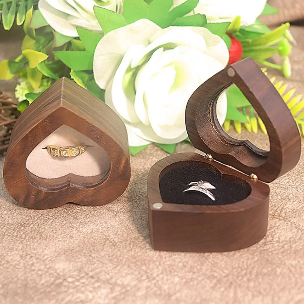 

2 Slots Heart Rings Holder Magnetic Cover Transparent Cover Walnut Wood Rings Box Storage Wedding Rings Bearer Box