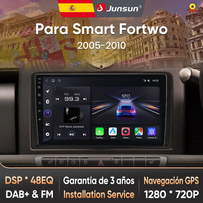 Autoradio sans fil Junsun CarPlay Android Auto pour Smart Fortwo 451 2005-2010, écran tactile IPS, DSP, navigation GPS, WiFi, DAB+ RDS, FM/RAM, BT, SWC, Plug and Play, 2DIN, WiFi, 4G, stéréo multimédia