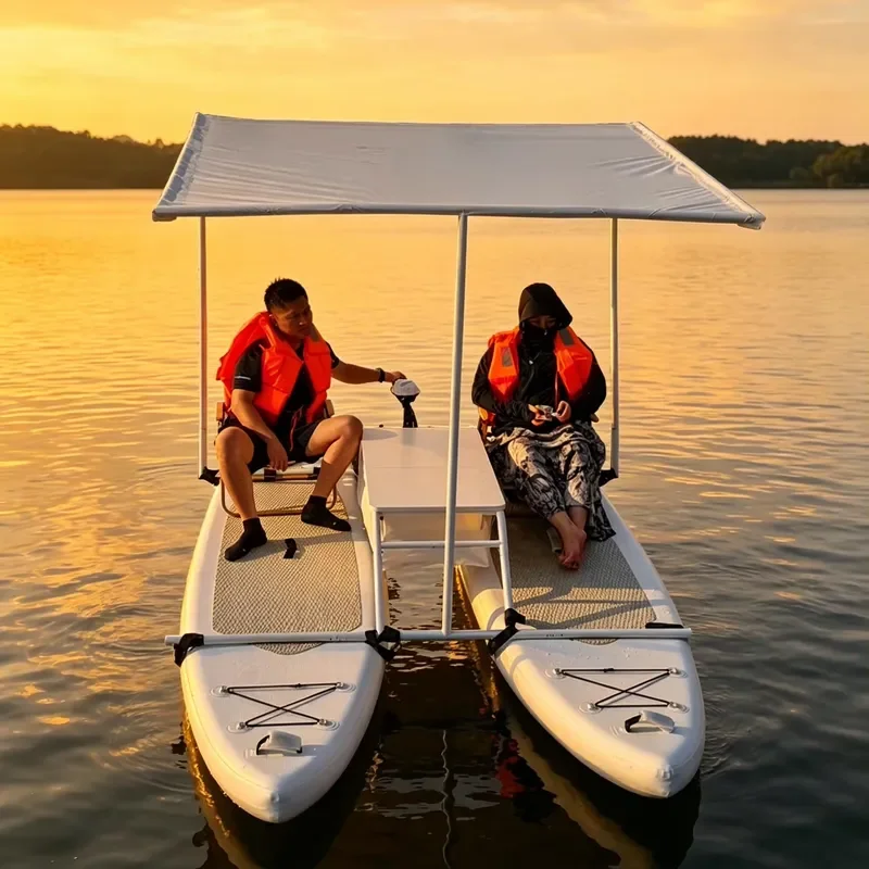 Electric Powered PVC Inflatable Folding Catamaran Paddleboard Fishing Pontoon Boat Pedals Portable Double Sport Yacht