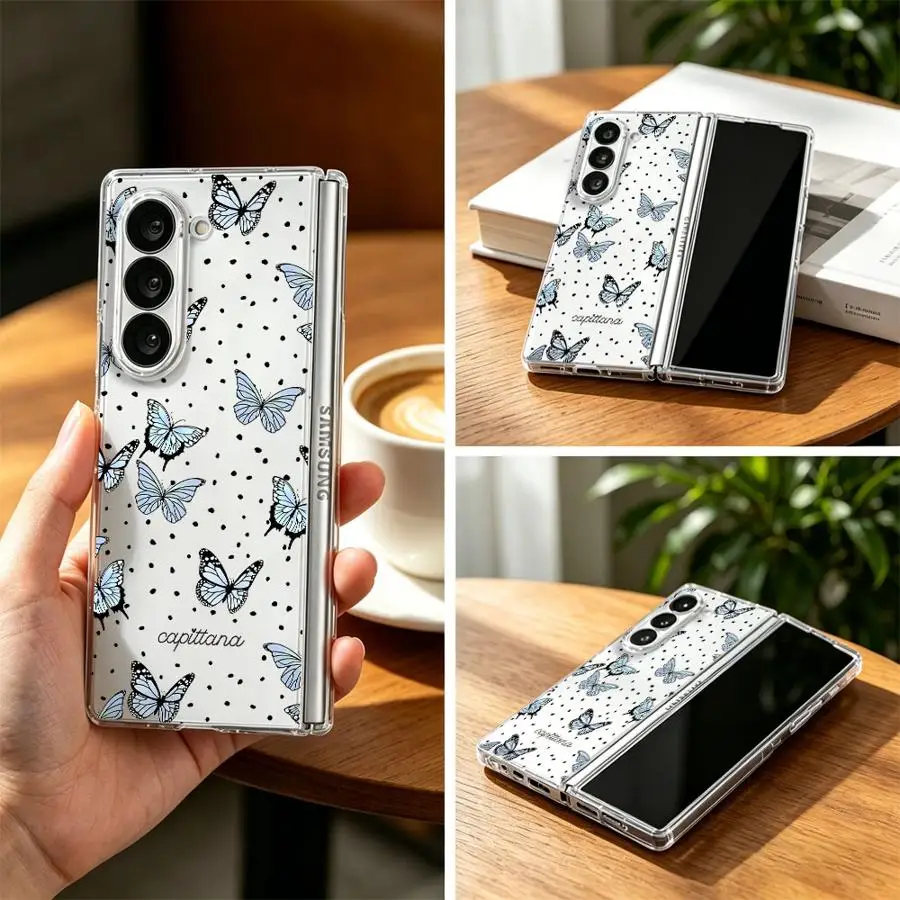 Blue Butterfly Dot Print Hard Phone Cover Case for Samsung Galaxy ZFold7 ZFold3 ZFold5 Z Fold 7 6 5 4 3 ZFold6 ZFold4