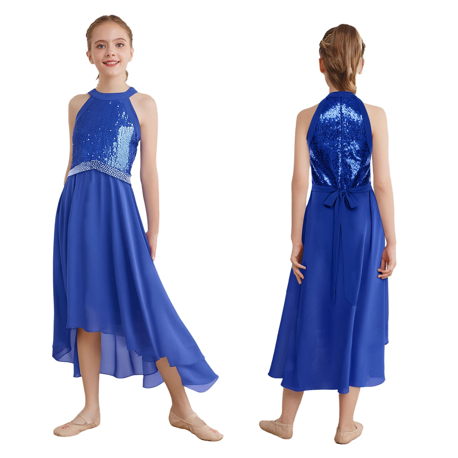 Sequin Kids Flower Girls Evening Party Dress Halter Sleeveless Rhinestone Waist Chiffon Skirt for Formal Wedding Prom Dance Ball