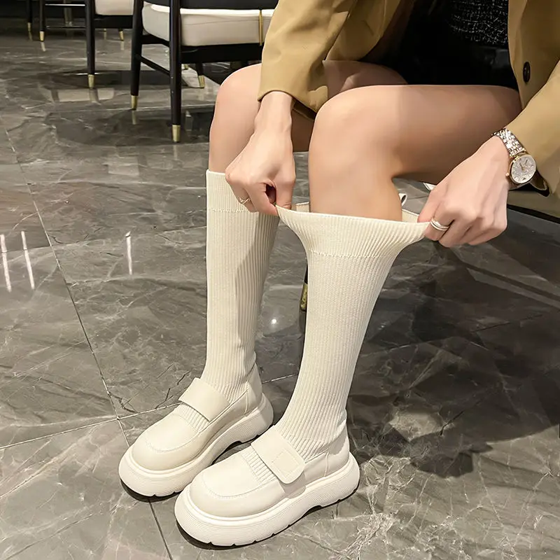 Shoes for Woman Lolita Footwear Black Winter Knee High Shaft Women\'s Boots Mary Janes Sock Long Pu Boot Spring Autumn Trend 2024