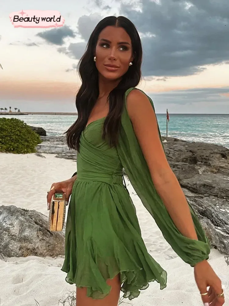 Women Sexy Chiffon Green Ruffles Split Dress V-neck Long Sleeve A Line Mini Dresses 2025 Female Holiday Beach Vacation Vestidos