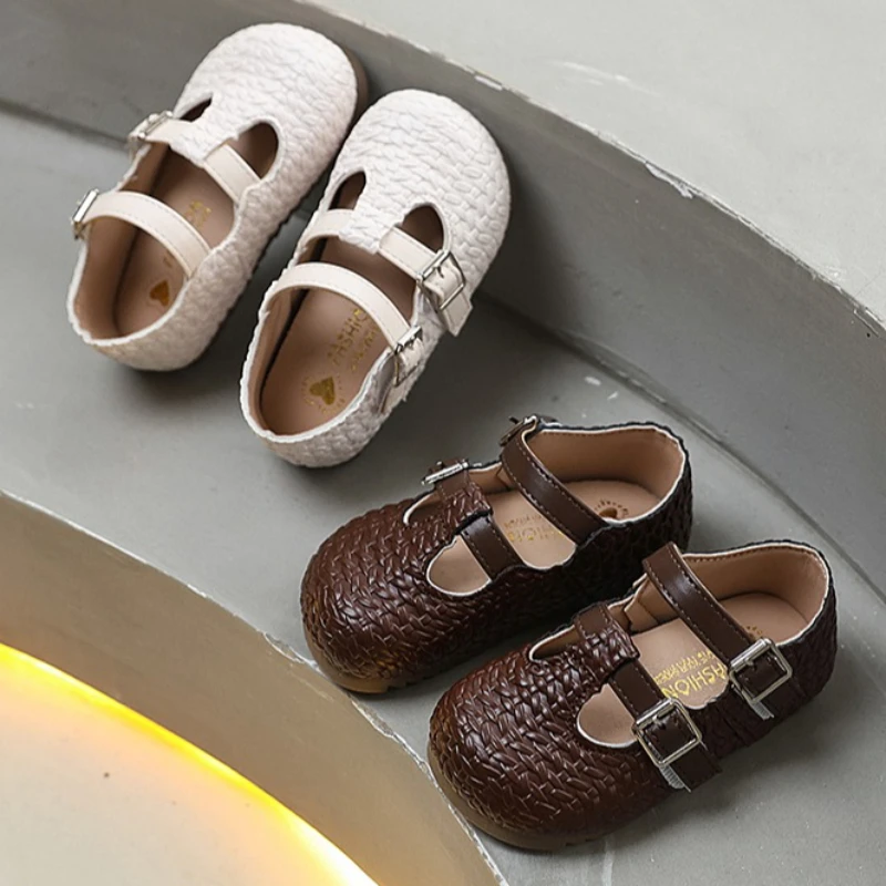 

Children Leather Shoes Fashion Weaving Buckle Strap Breathable Non Slip Princess Shoes Girls Simple Versatile Soft Flat Shoes