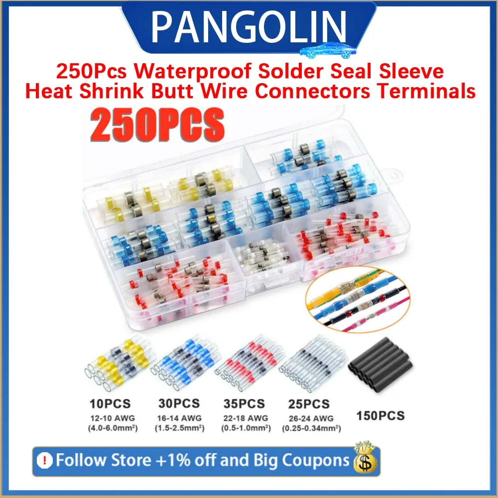 PANGOLIN 250pcs Waterproof Solder Seal Wire Connectors Heat Shrink Butt Terminals Electrical Sleeve Tubing for Marine Automotive
