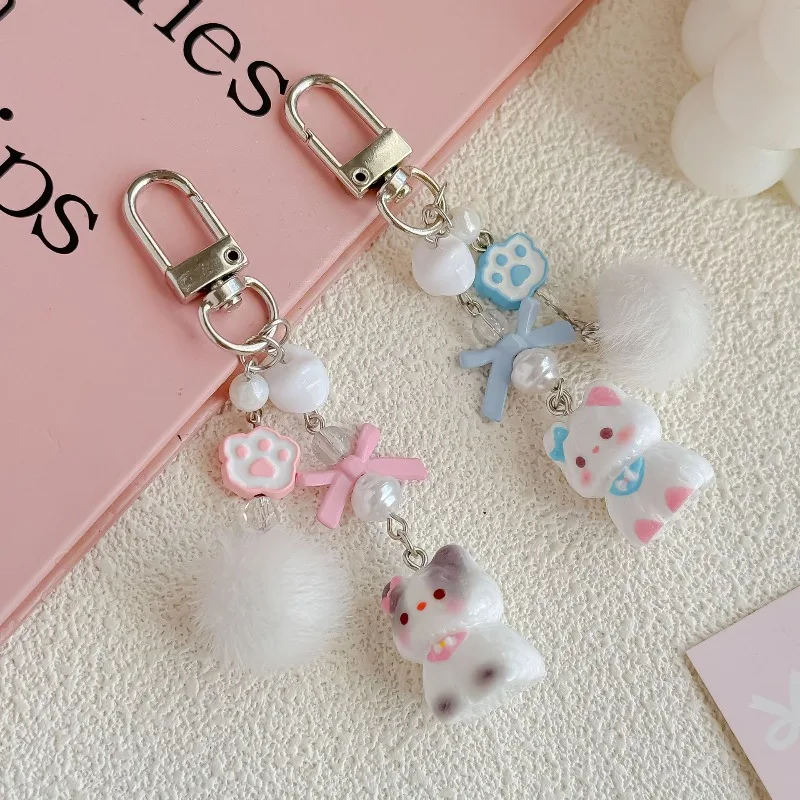 Girls Kawaii Phone Strap Charm Cute Cat Keychain Holder with Pom Pom Beads Universal Charm Pendant for Backpack Purse Keys