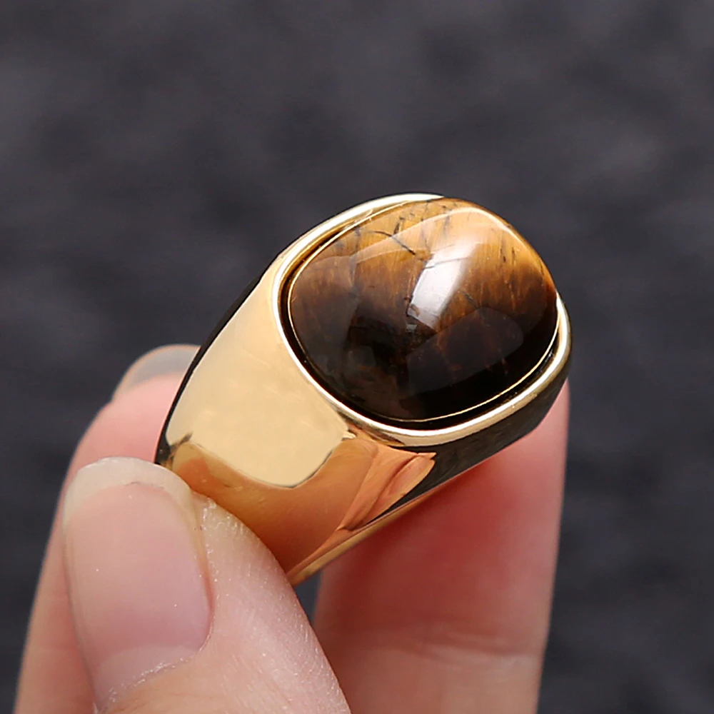 Fashion Punk Golden Color Tiger Eye Brown Stones Rings For Men Women Classic Simple Stainless Steel Stone Ring Party Jewelry view 4