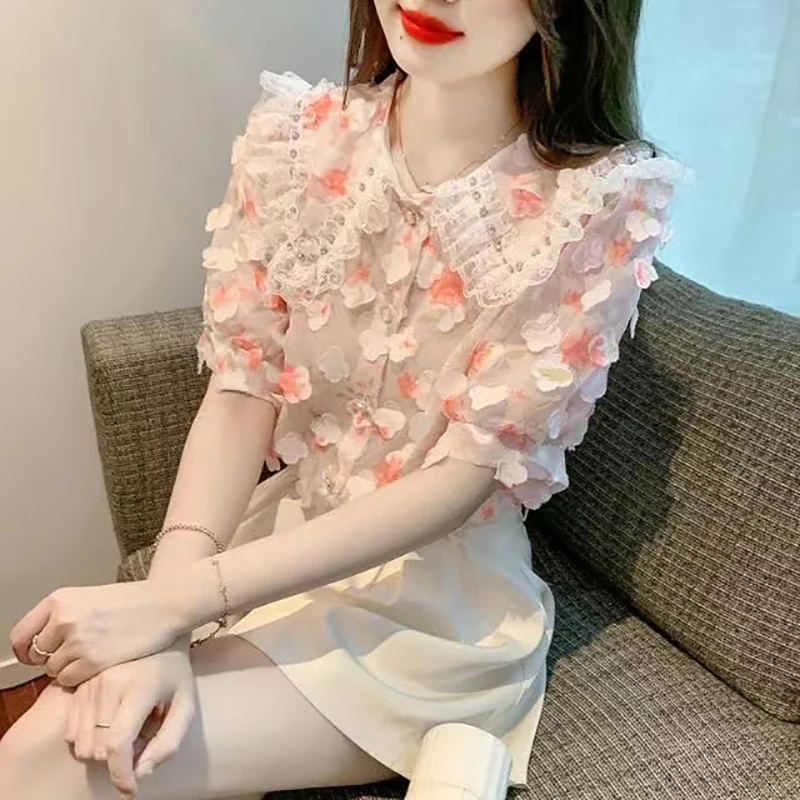 Sweet Peter Pan Collar Printed Button Beading Floral Shirt Female Clothing 2024 Summer New Commute Tops Office Lady Blouse