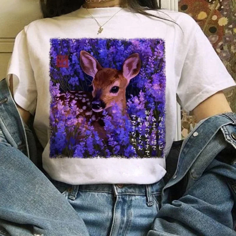 Ropa informal bonita a la moda para mujer, camiseta de manga corta de estilo japonés, camiseta blanca con estampado de ciervo Sika a la moda