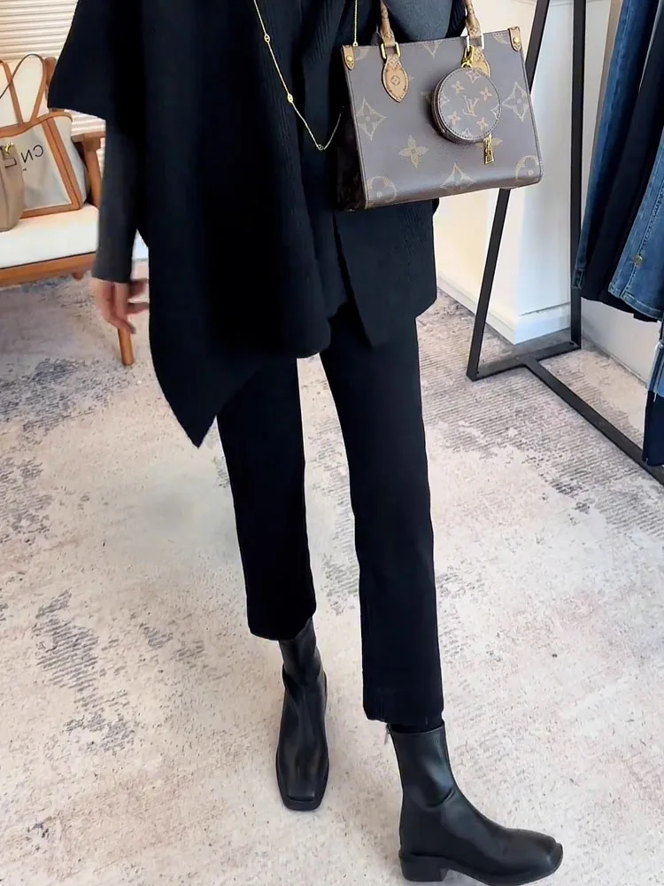 하이웨이스트 안감 있는 스트레이트 레그 진 여성용 2025년 신상 블랙 가을 겨울 슬림핏 레이디스 브레드스티 팬츠