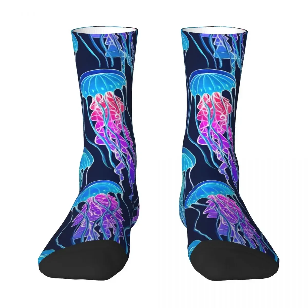 Luminescent Rainbow Jellyfish On Navy Blue Socks Harajuku Stockings All Season Long Socks Accessories for Man's Woman's Gifts