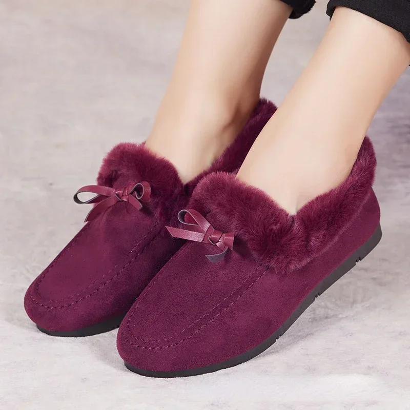 ผู้หญิงฤดูหนาวรองเท้าสบายๆใหม่รองเท้าแตะนุ่มแบนลื่นLoafersแฟชั่นComfort Warm Plush Bow Slipบนรองเท้าผ้าฝ้ายหญิง