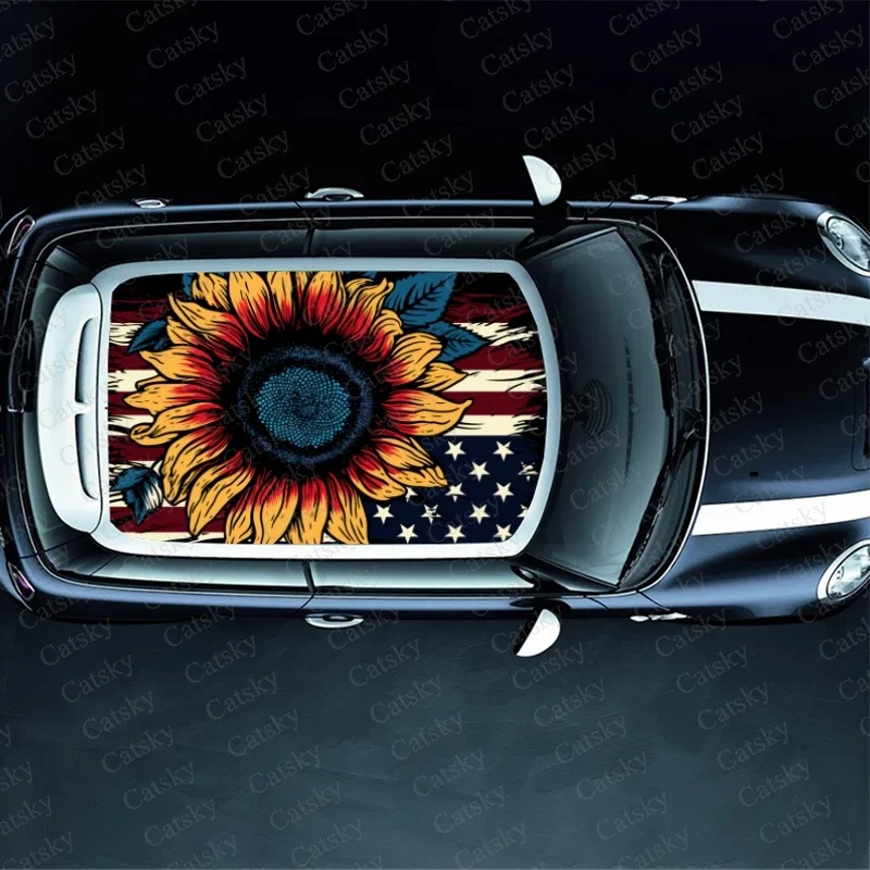 Sunflower With American Flag Car Roof Sticker Wrap Racing SUV Accessories Packaging Painted PVC Custom Car Graphic Decal