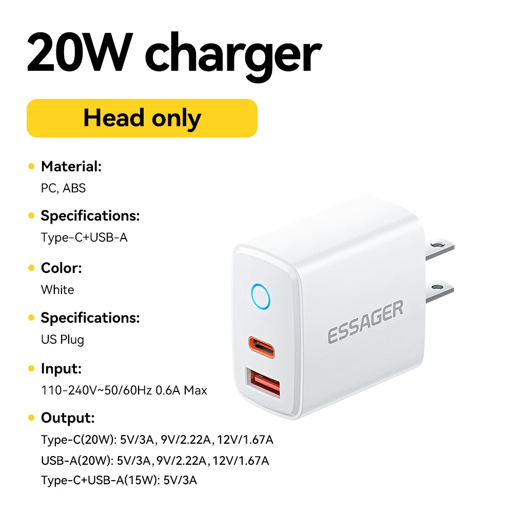 Essager PD 20W USB-C-Ladegerät-Set, schnelles Laden 4.0 3.0 QC PD Ladegerät für iPhone 17 16 15 14 13 12 Pro Max Handy-Ladegerät