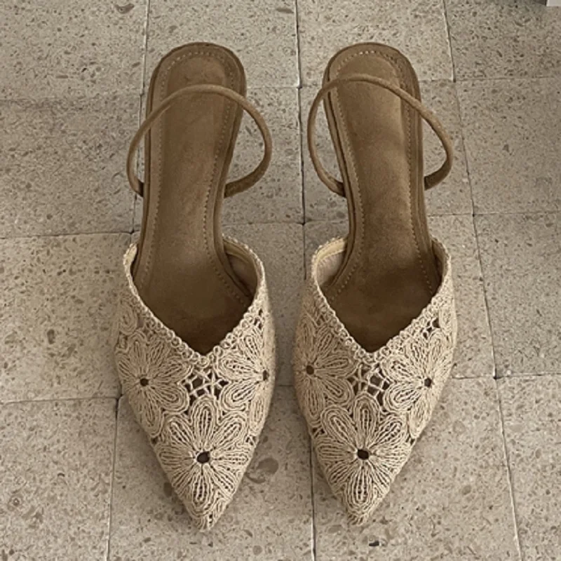 

Aneikeh Beige Lace Slingback High Heels Pointed Toe Stiletto Heels Women Summer Boho Wedding Party Dress Shoes Elegant Mules​