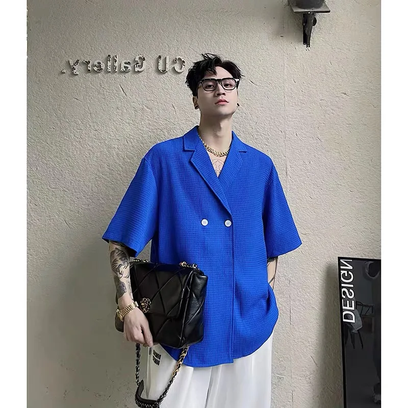 Men XXXL Klein Ins Chic Y2K Trendy Tops Shirts Male Summer Double Breasted Senior Design Blouse Gentlemen Party Club Streetwear