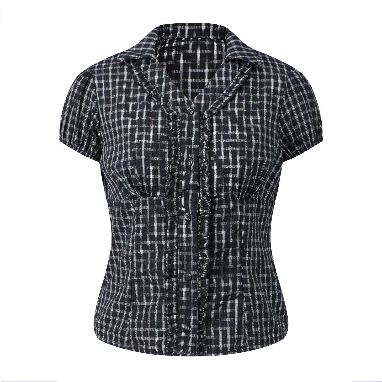 Damskie letnie bluzki crop top w stylu vintage z nadrukiem w kratę, zapinane na guziki, Harajuku, z krótkim rękawem, dekoltem w serek, falbankami, dopasowane, podstawowe koszule, bluzki, odzież uliczna