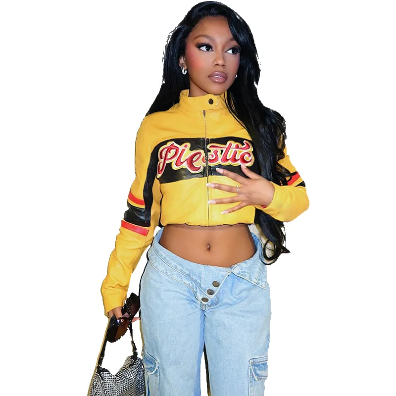 가을 겨울 스트리트 스타일 여성용 자수 슬림핏 배꼽 노출 컬러 블록 자켓 핫걸 아우터웨어 탑