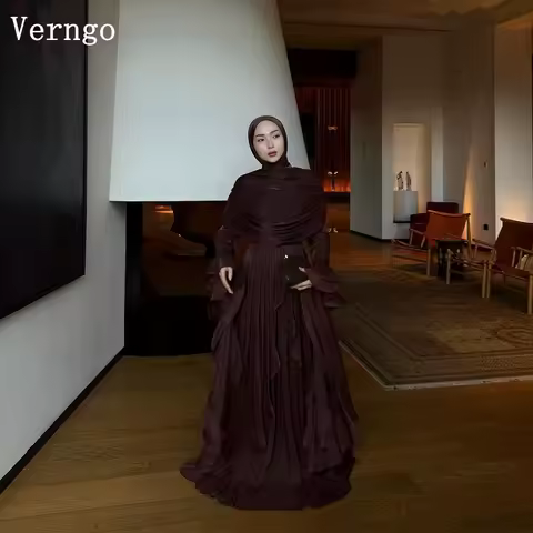 Verngo Brown Shiny Chiffon Evening Dress High Neck Full Sleeves A Line Formal Occasion Dress Arabia Prom Gowns Customized