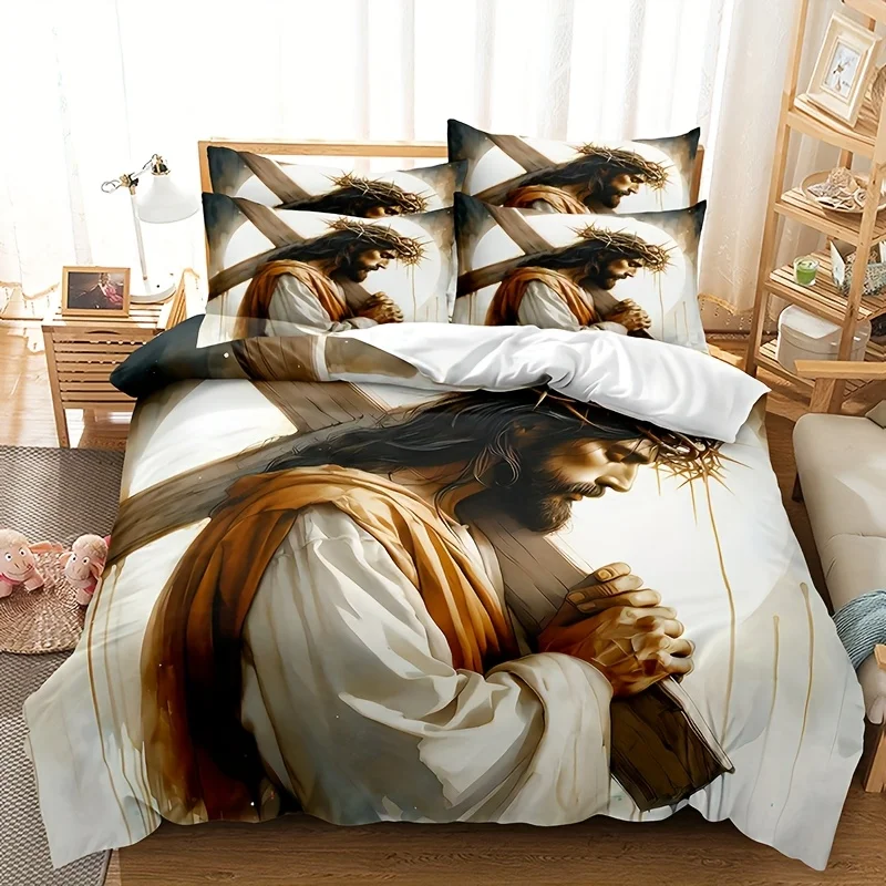 3pcs Jesus Carrying Cross Comforter Set - Soft Polyester, Machine Washable, Zip Closure, All-Season Comforter with Pillowcases