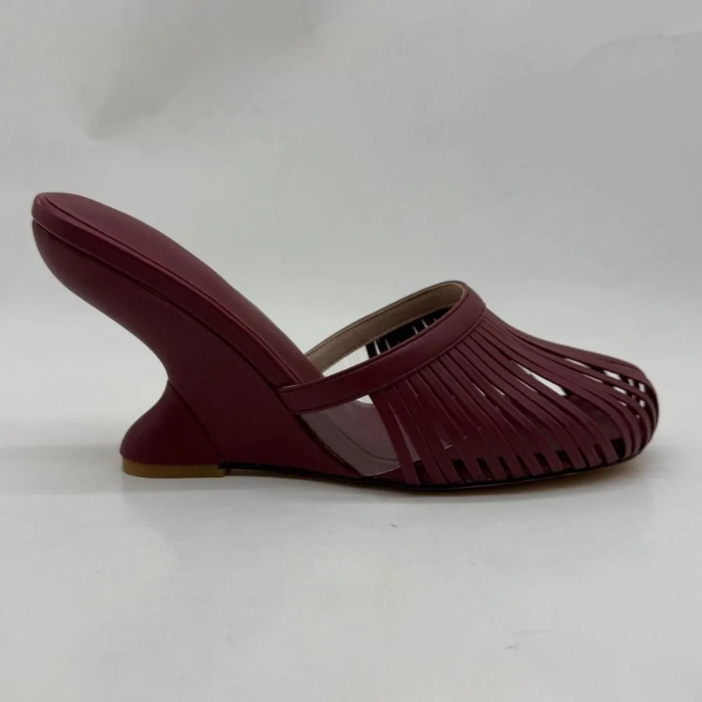 2026 Summer Women Metallic Strap Cutout Wedge Heel Mules Round Toe Slip on High Heel Plus Size Party Sandals - view 3