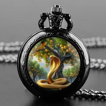 Golden Snake Glass Dome Quartz Pocket Watch, Cadeia Durável, Numeral Árabe Dial, Presentes Extraordinários para Homens e Crianças