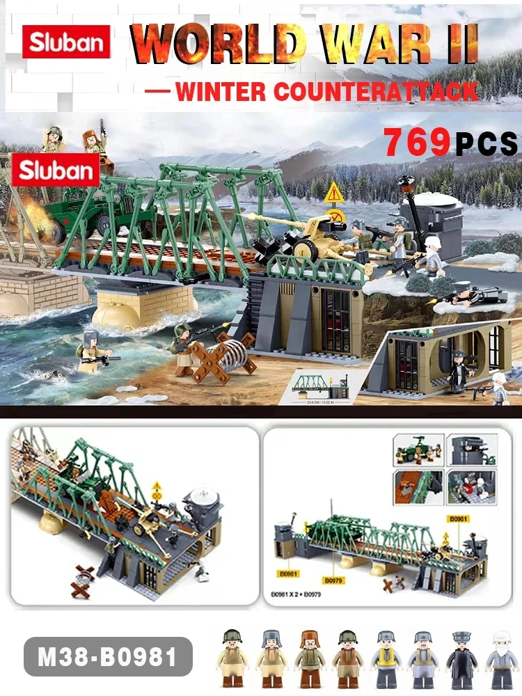 Sluban 769PCS WW2 Battle Of Budapest Bridge Scene Building Blocks Classic War View Model Bricks Set With Figures Kids Toys Gifts