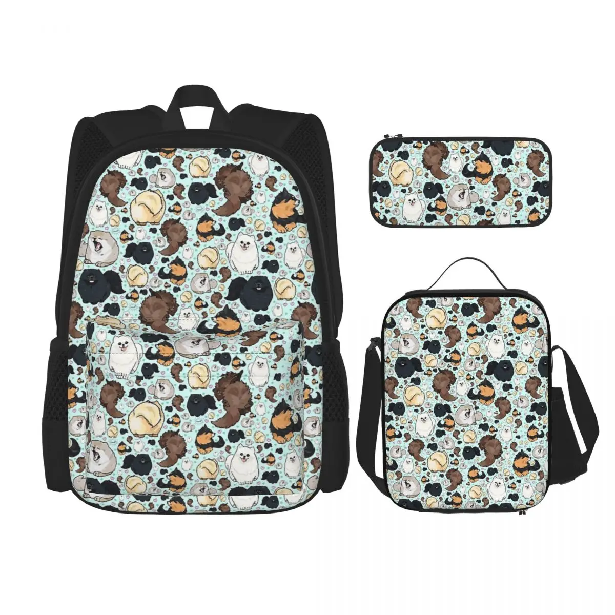 Pomeranians Backpacks Boys Girls Bookbag Children School Bags Cartoon Kids Rucksack Lunch Bag Pen Bag Three-Piece Set