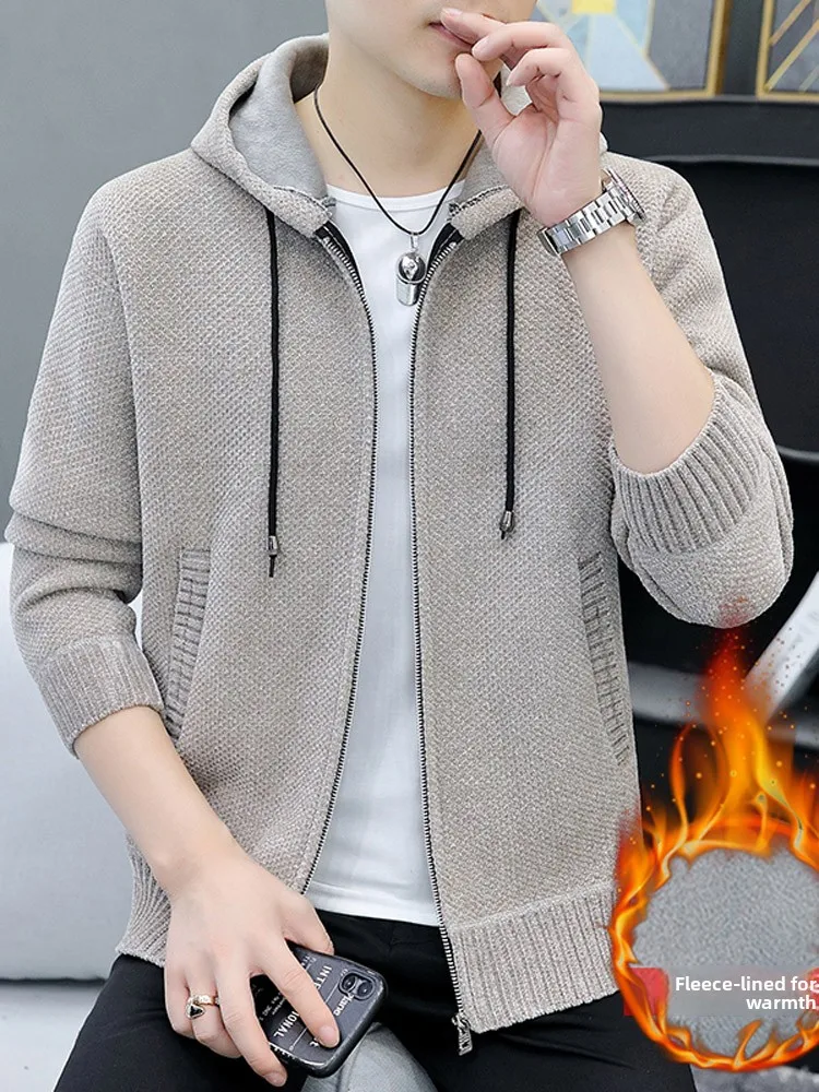 

Зимний вязаный кардиган-свитер для мужчин, утепленный, на молнии, однотонный, длинный рукав