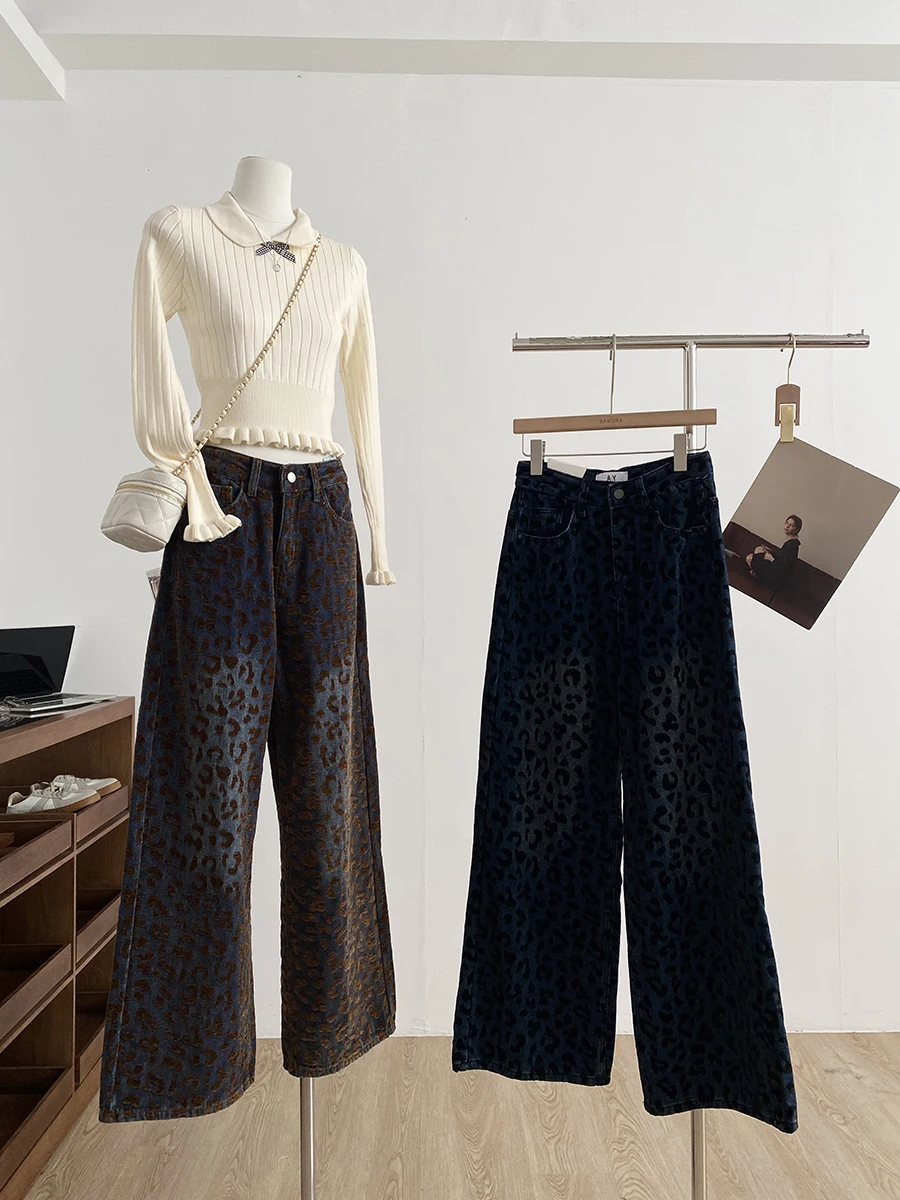 

High Waist Wide Leg Pants Women's Slimming Covering All-Season Straight Leg Jeans High Waist Leopard Print Commute Style