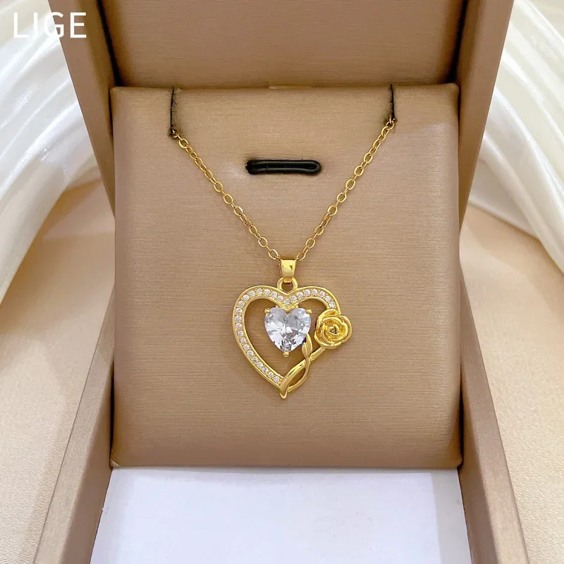 Love Heart Rose Luxury Zircon Pendant Necklace Women's Versatile Clavicle Chain Titanium Steel