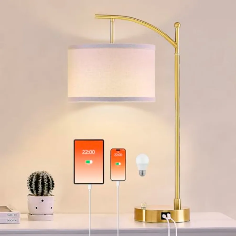 

Настольная лампа для гостиной и спальни, 23,5 дюйма, с USB-портами C+A, прикроватная лампа для тумбочки с льняным абажуром, диммируемая