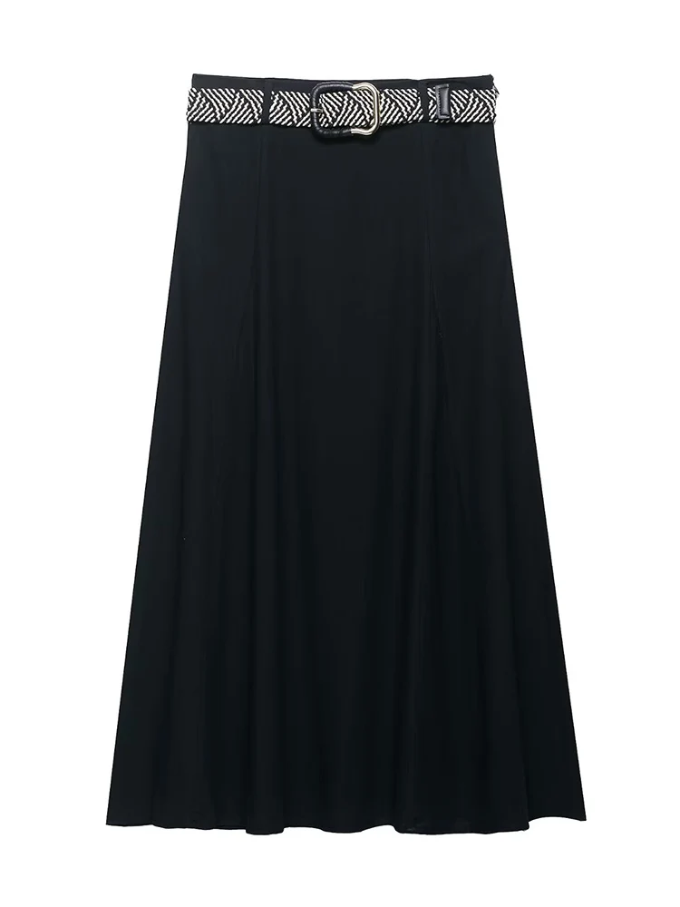 

SIYANG Women Fashion With Belt Black Side Zipper A-Line Midi Skirt Vintage High Waist Female Chic Lady Skirts