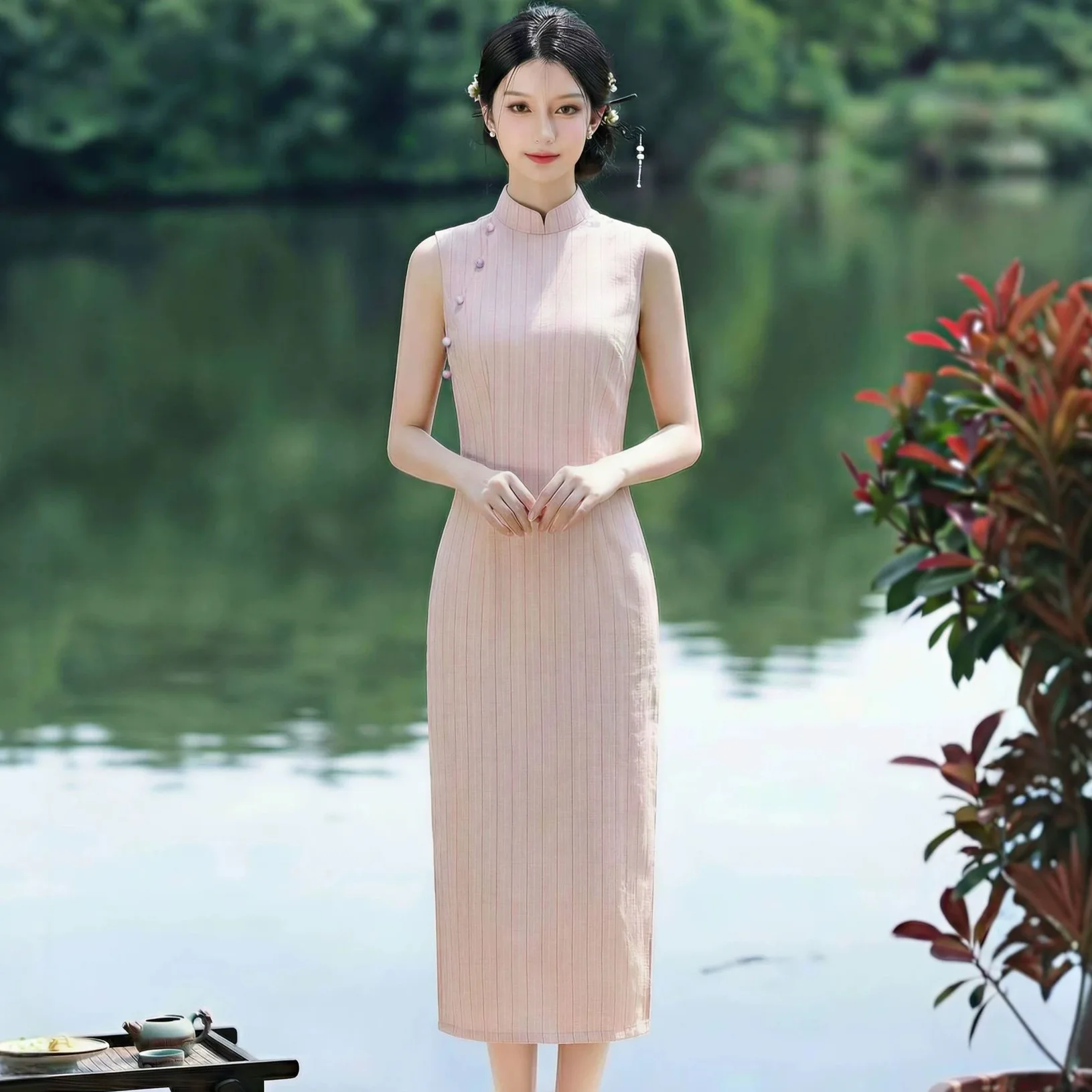 

Retro Pink Striped Print Cheongsam Slit Sexy Sleeveless Chinese Style Qipao Female Elegant Daily Dress