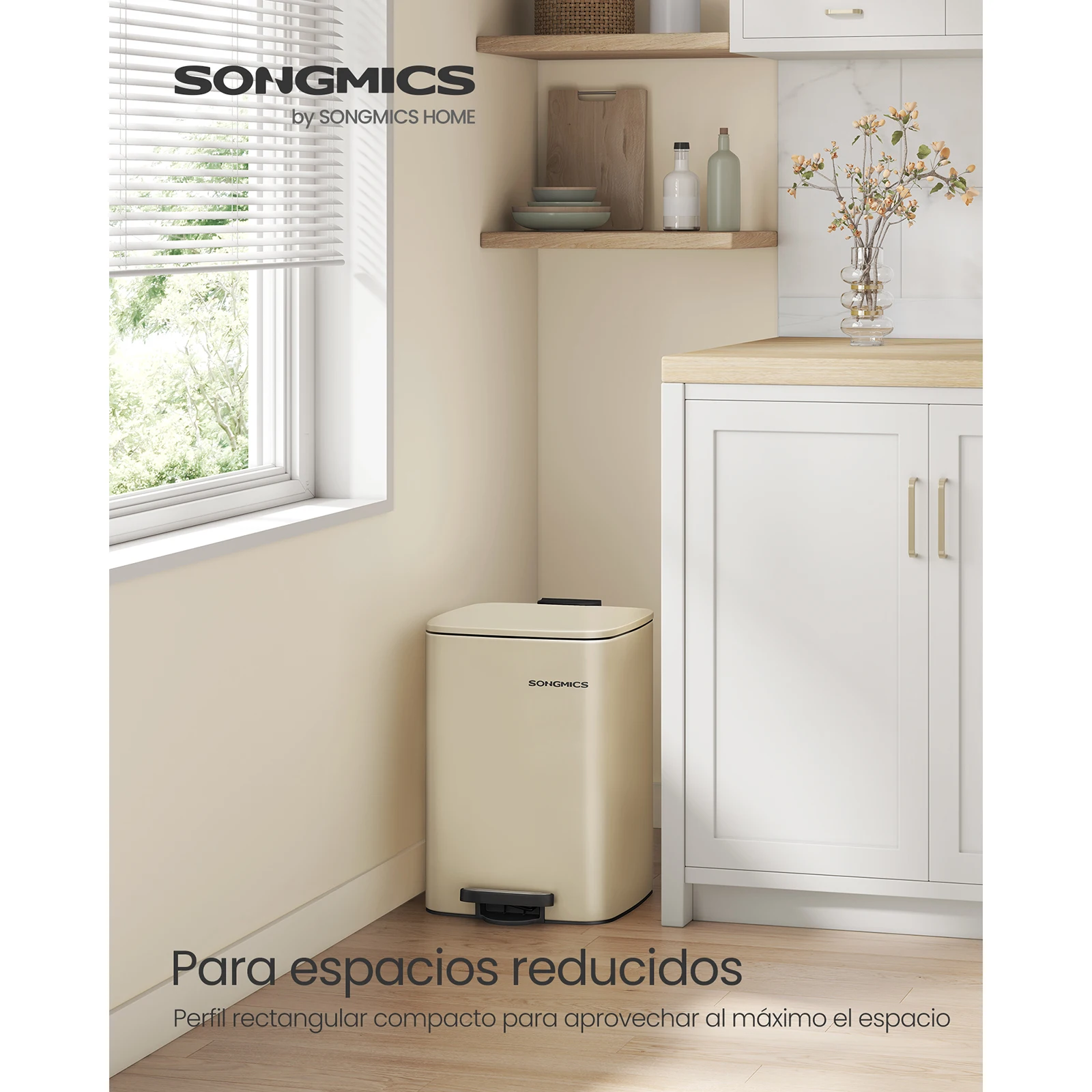 SONGMICS 5.2-Gallon Steel Pedal Kitchen Trash Bin with Inner Bucket, Soft Close, Stays Open, Sand Beige.