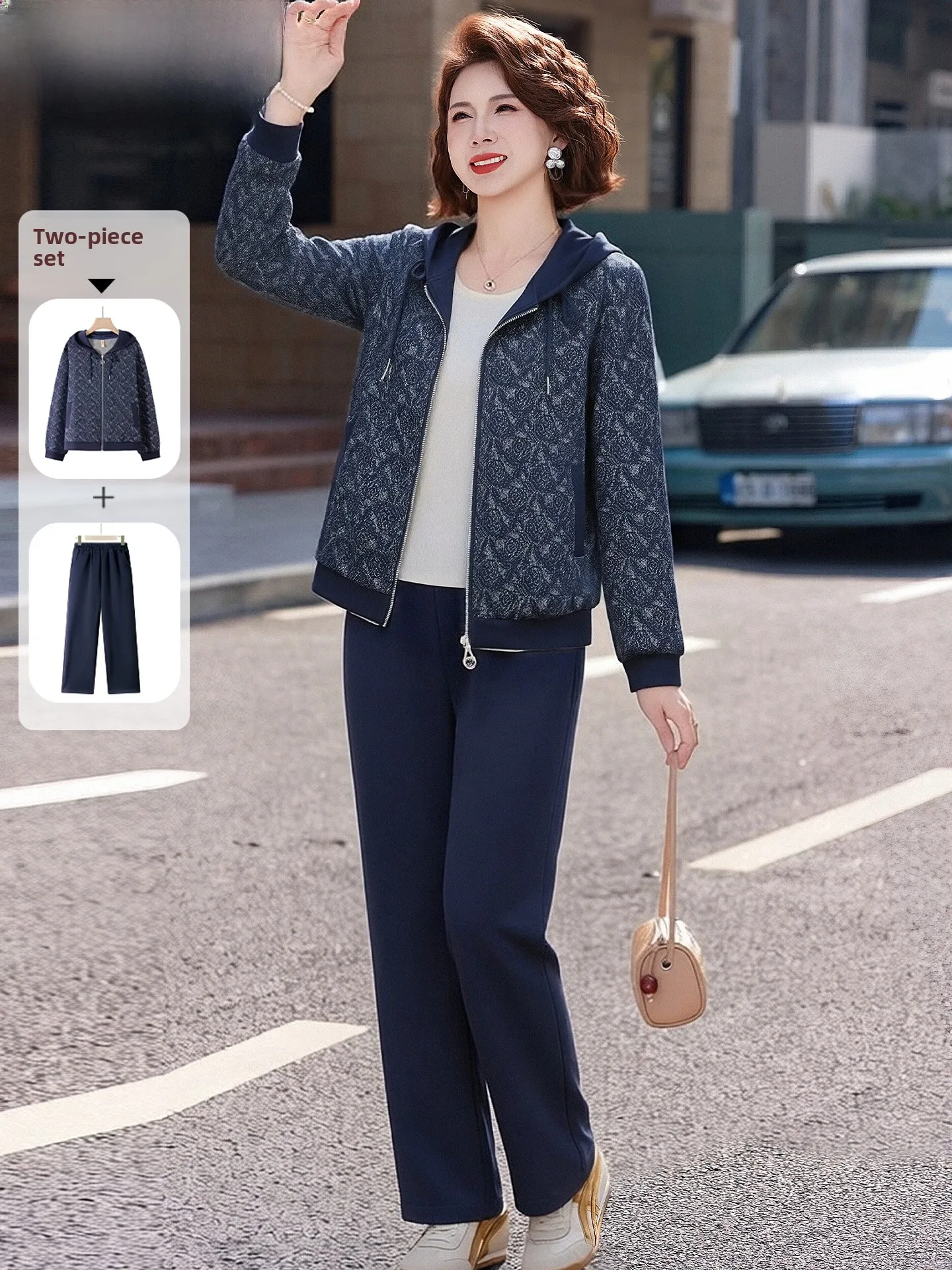 

Весенний модный комплект верхней одежды для женщин среднего возраста: спортивный костюм-двойка больших размеров, дышащий, теплый, из смесового полиэстера