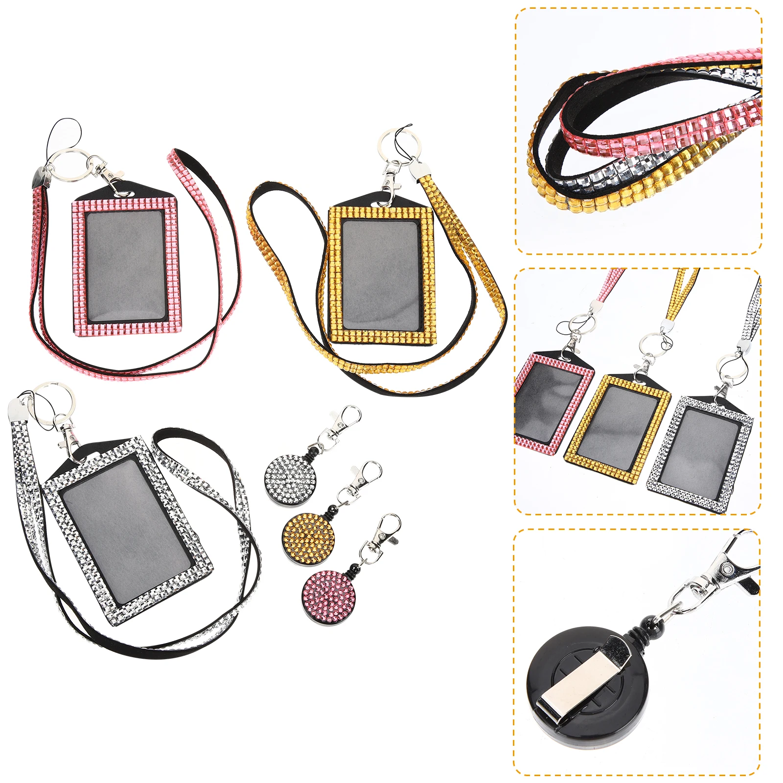 

3Pcs Rhinestone Badge Holder Retractable Clip Reels for Office Event Id Card Key Chain Microfiber Resin Diamonds Storage
