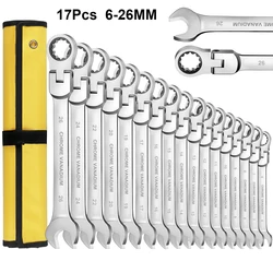 1set Flex Head Ratcheting Wrench Set, 6-27mm Chrome Vanadium Steel Hand Tools Socket Key Ratchet Wrench set，for car maintenance