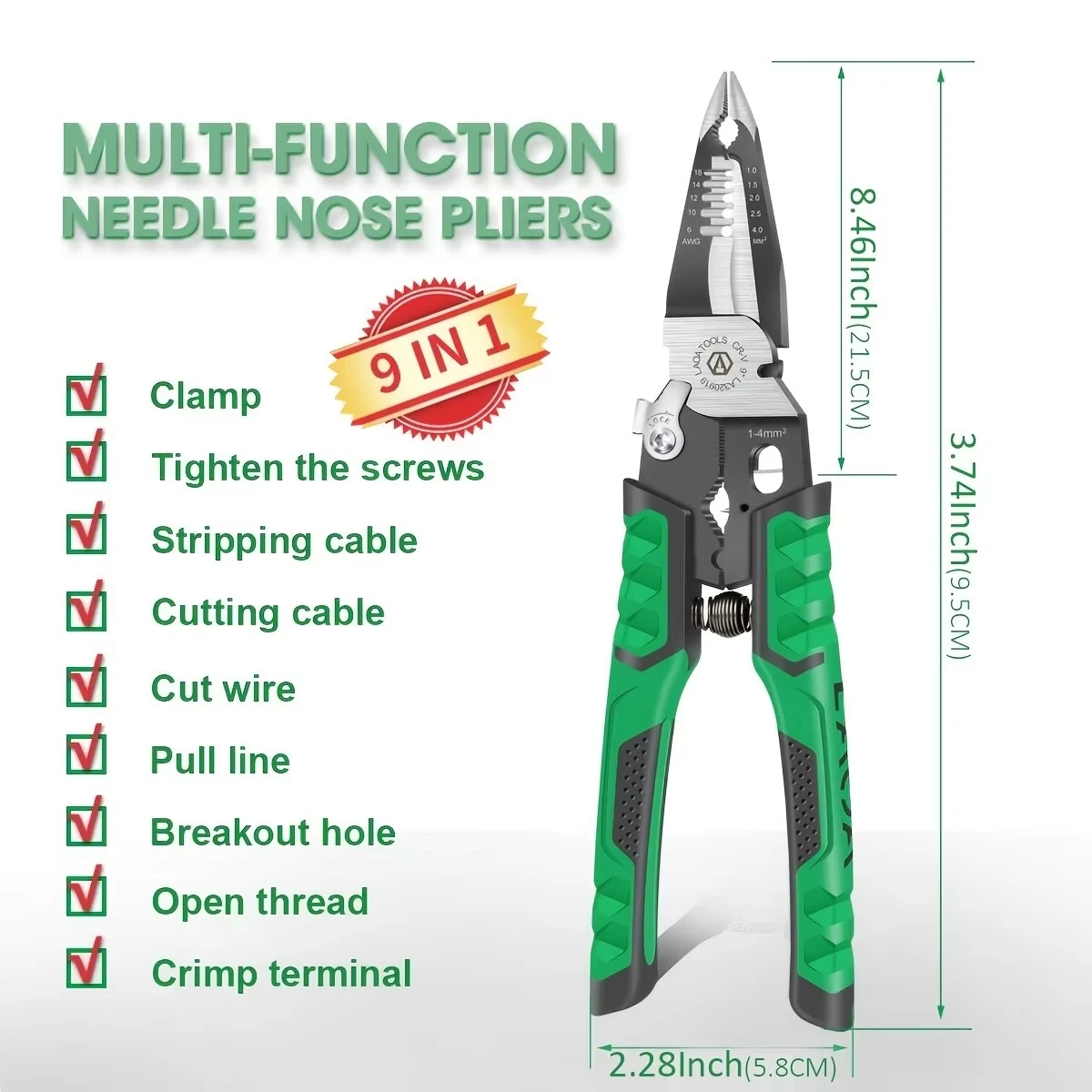 LAOA плоскогубцы для электрика, плоскогубцы с игольчатыми носами 9 в 1, для зажима, зачистки проводов, резки кабеля, разделения проводов