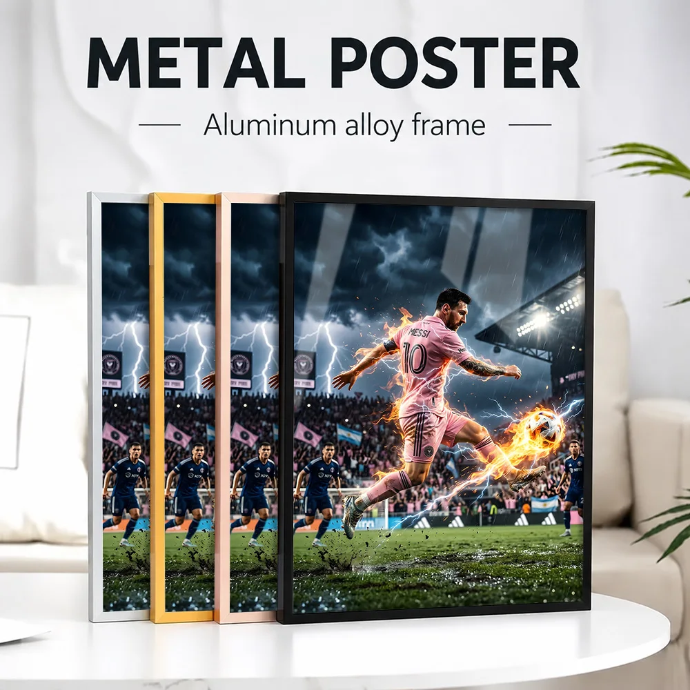 Messi Electrifying Soccer Strike Kicks Framed Metal Print Personalized Photo Victory Style Wall Art For Office Sports Fan Gift