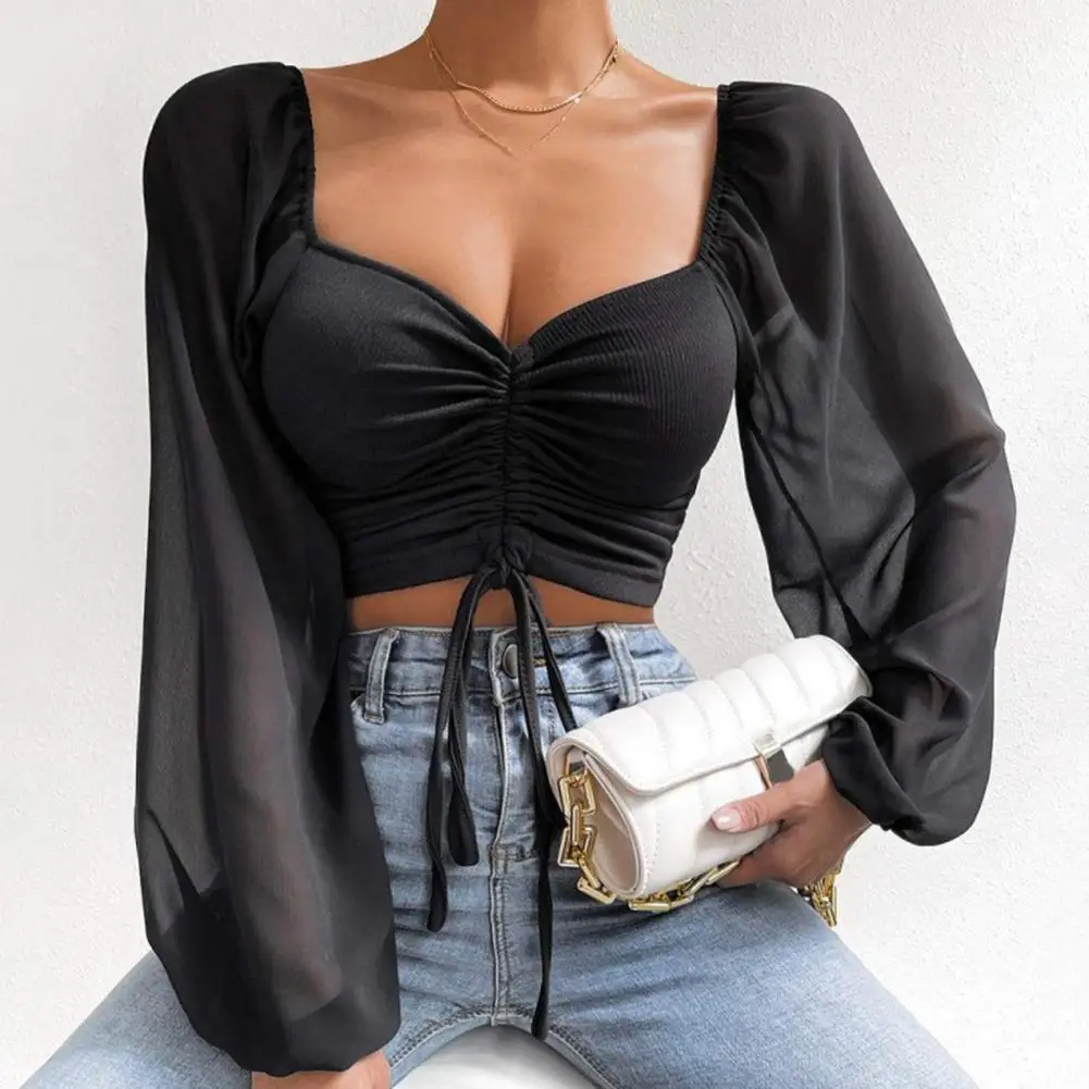 Puff Sleeve women Cropped Tops Lace up V-neck Fashion Solid Color Lantern Sleeve women Blouse Summer Sexy Close-Fitting Blouse