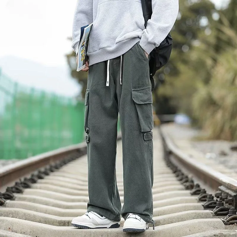 

Men 2023 Spring Autumn New Big Pockets Casual Cargo Pants Men's Loose Straight Pants Male Streetwear Wide Leg Trousers H177