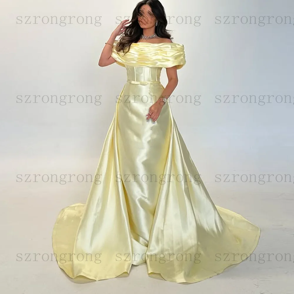 Abito da sera dritto con scollo a barchetta personalizzato Piega con spalle scoperte Abito da ballo lungo in raso con strascico staccabile senza schienale