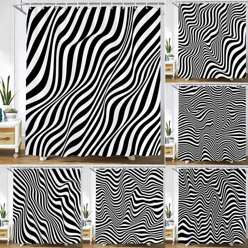 

Black and white Geometry Print Bath Curtain Simple Art Abstract Waterproof Shower Curtains For Bathroom with 12pcs Plastic Hooks