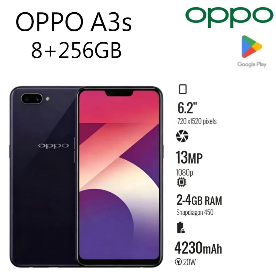 2026 New OPPO A3s Budget Smartphone 6.2'' Wide Screen 4230mAh Big Battery Expandable Storage Spare Cell Phone