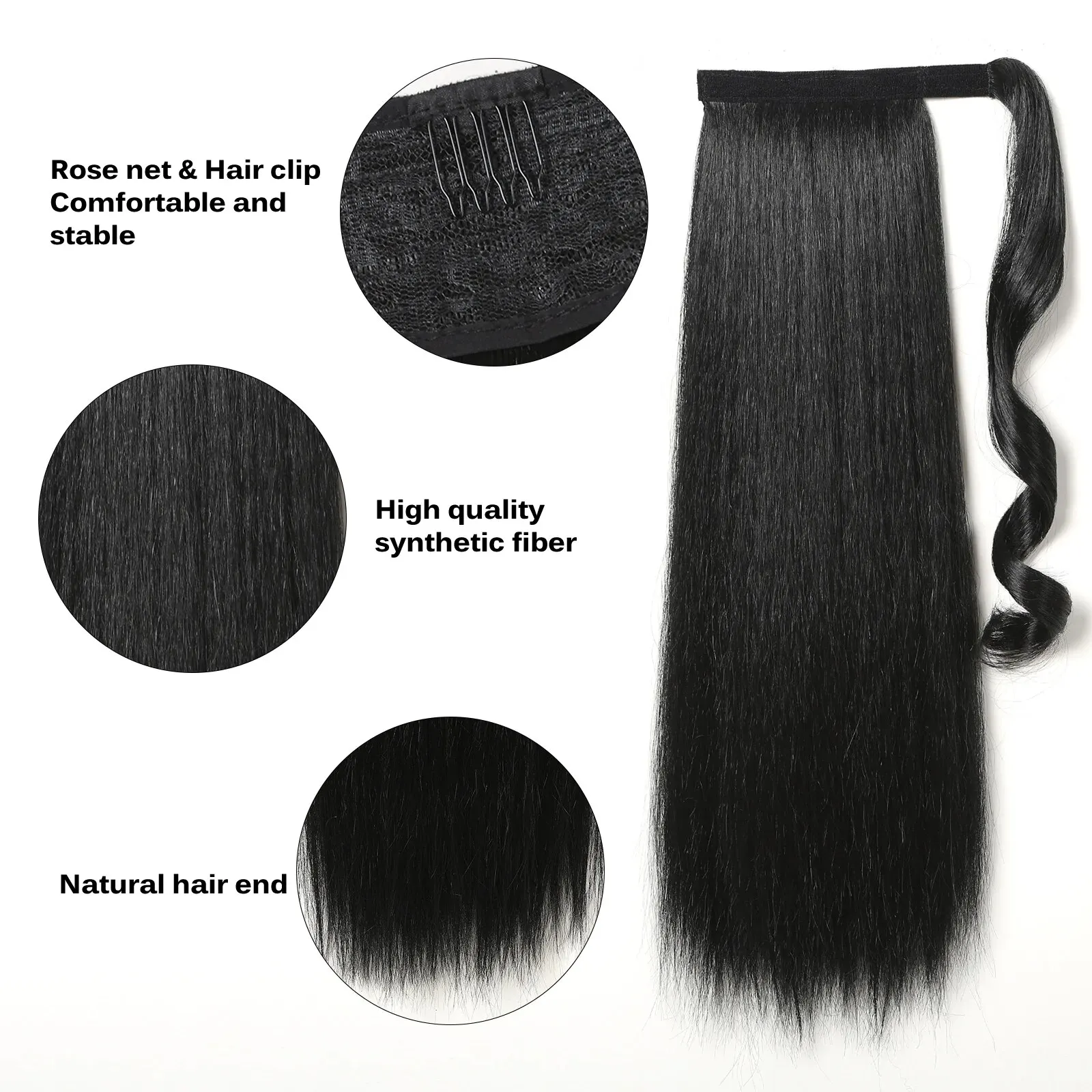 Long Straight Ponytail Synthetic Clip in Hair Extension Black Warp Around Pony Tail Hairpiece for Women Daily Use Heat Resistant