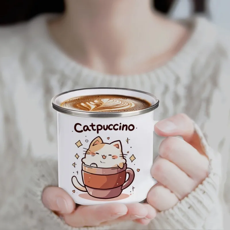 12 Oz Charming Cat White Enamel Mug, Classic Design Safe and Easy To Carry Reusable Drinking Cup for Home Office Camping Gift