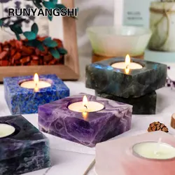 1pc Natural Crystal Raw Stone Square Rose Quartz Rough Candlestick Clear Quartz Smokeless Candle Home Decoration
