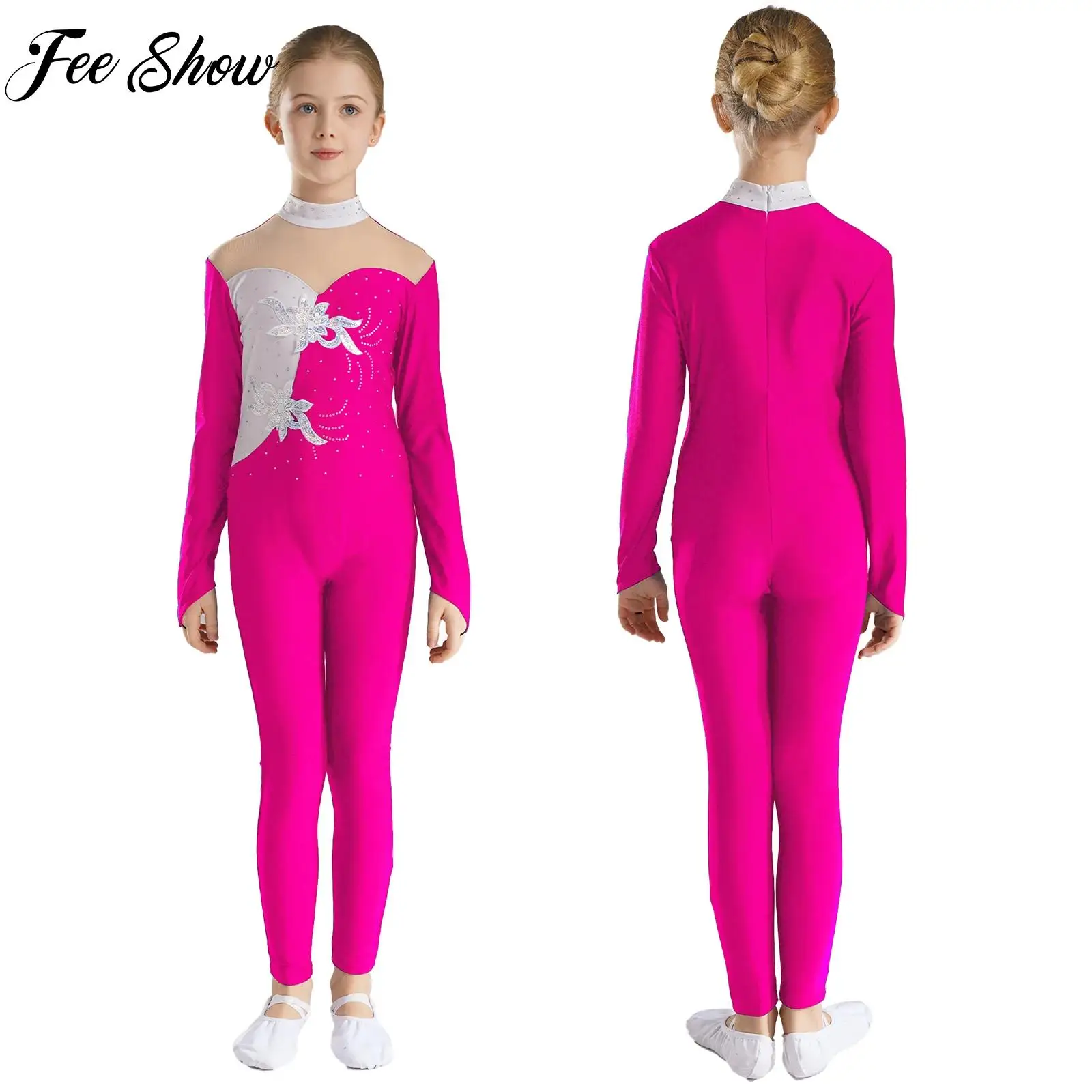 

Kids Girls Applique Figure Ice Skating Costume Rhinestone Long Sleeve Acrobatics Gymnastics Leotard Jumpsuit Ballerina Dancewear